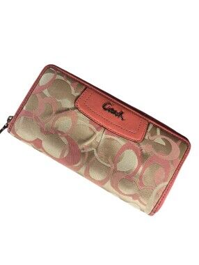 Coach Zip-Around Signature Wallet in Coral and Beige